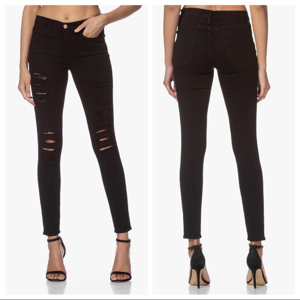 Frame Denim Le Skinny De Jeanne Crop Raw Hem Jeans Black Distressed Women's 25